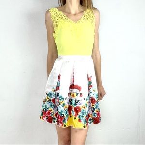 Yellow Lace Trim Floral Roses Cocktail Party Dress 👗💐